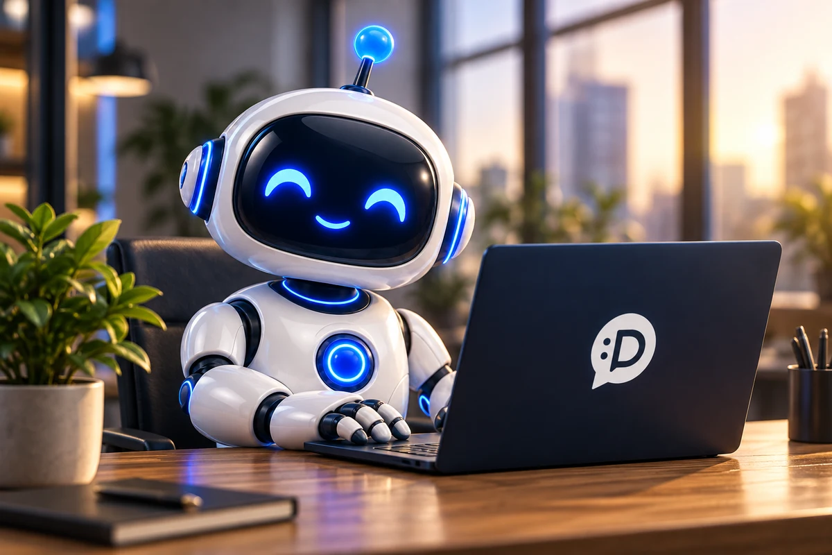 DesDev robot working on a laptop in a bright office