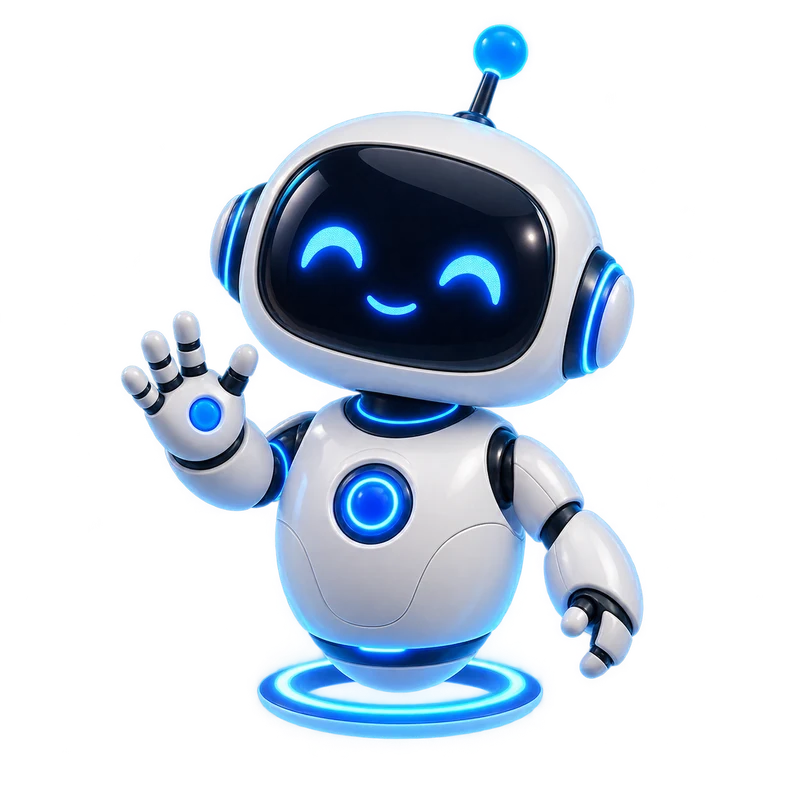 Friendly white and blue DesDev robot waving hello